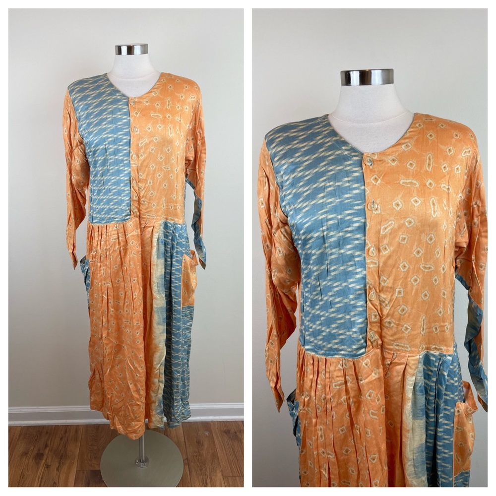 We Be Bop Orange Blue Tie Dye Long Sleeve Boho Maxi Dress Vintage Women